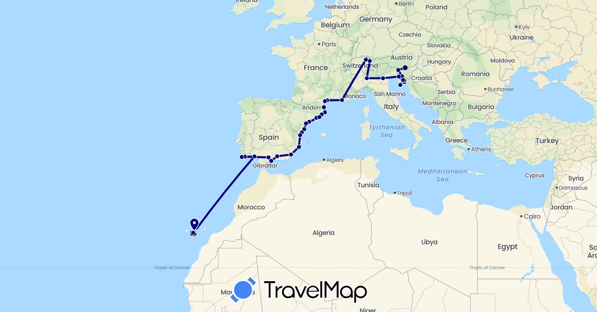 TravelMap itinerary: driving in Austria, Switzerland, Spain, France, Croatia, Italy, Portugal, Slovenia (Europe)